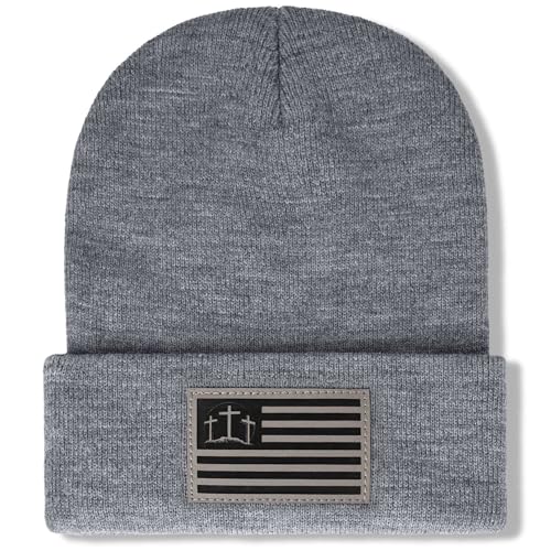 Christian Cross Beanie Hats for Men Women, Faith Winter Cuffed Hats, Religious Gifts for Thanksgiving Christmas New Years - color: Grey, style: Three Cross Flag