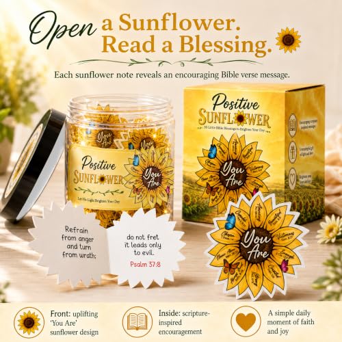 Positive Sunflower Jar with 30 Bible Verse Cards, Christian Gifts for Women - color: Sunflower