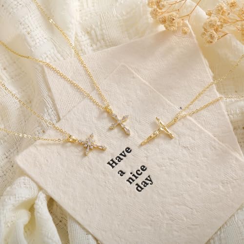 Cross Necklace for Women, Dainty 14K Gold Plated Cross Pendant Simple Long Necklaces for Women, Christian Faith Necklace Trendy Gold Jewelry Gifts for Easter - color: gold zircon cross