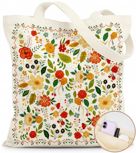 Canvas Tote Bag for Women with Zipper Cute - color: Color Flower