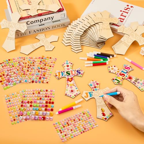 PLUVAVA 36 Sets Wood Cross Crafts DIY Wooden Cross for Christian Jesus Sunday School Vacation Bible School Crafts Supplies with 14 Pieces Stickers and 24 Pieces Watercolor Pens (Exquisite Style) - size: ExquisiteStyle