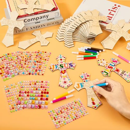 PLUVAVA 36 Sets Wood Cross Crafts DIY Wooden Cross for Christian Jesus Sunday School Vacation Bible School Crafts Supplies with 14 Pieces Stickers and 24 Pieces Watercolor Pens (Exquisite Style) - size: ExquisiteStyle