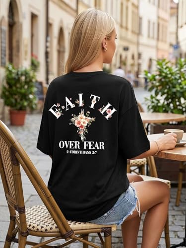 Christian Oversize Shirt for Women Jesus Faith Bible Verse Graphic Tee Tops - color: Blackf, size: Medium