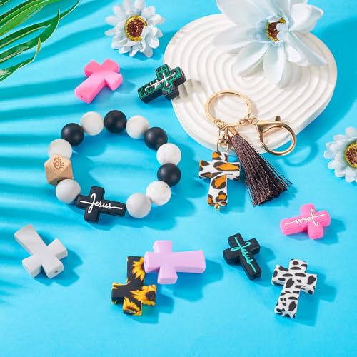 Beadthoven 12pcs Cross Silicone Focal Beads for Pens Leopard Printed Jesus Faith Cross Silicone Rubber Beads for Keychain Beadable Pens Jewelry Bracelets Making DIY Crafts - color: Crosses 12 Styles
