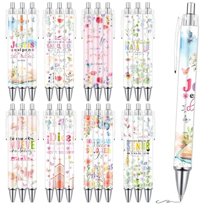 Wxiben Spanish Bible Verse Ballpoint Pens 24 Pcs Christian Flower Pen Set Inspirational Butterfly Smooth Writing Ball Point Pens Religious Church Gifts for Women Men Coworker Office School Supplies - color: Spanish Bible Verse