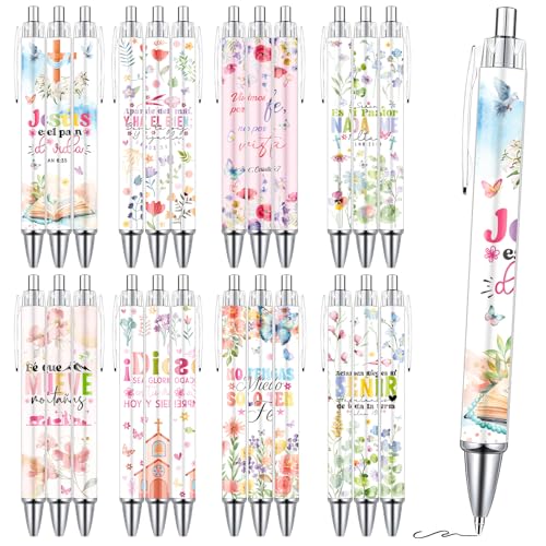 Wxiben Spanish Bible Verse Ballpoint Pens 24 Pcs Christian Flower Pen Set Inspirational Butterfly Smooth Writing Ball Point Pens Religious Church Gifts for Women Men Coworker Office School Supplies - color: Spanish Bible Verse