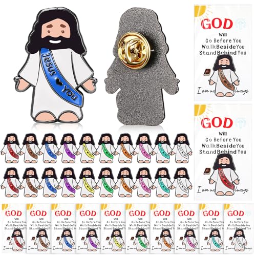 Landical 24 Set Jesus Pins Bulk with Blessing Cards, Christian Enamel Lapel Pin Gift in Bulk Jesus Brooch for Women Men Religious Party Favors for Sunday School Church Gift(10 Colors + Bible Style) - style: 10 Colors + Bible Style