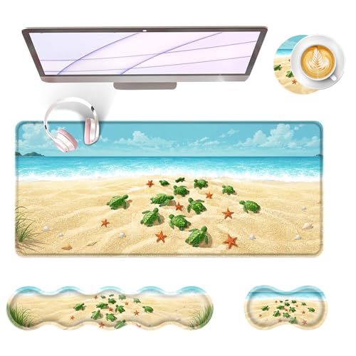 Large Keyboard Mouse Pad Set, Extended Mouse Pad+Keyboard Wrist Rest Support, Memory Foam Ergonomic Easy Typing, 4Pcs (31.5×11.8 in) Desk Pad Set for Office Home,Beach Turtles and Starfish - color: Beach Turtles and Starfish-2-26