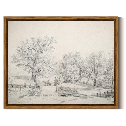 InSimSea Framed Canvas Wall Art, Vintage Pastoral Oak Tree Sketch, 10x8 In - color: Sketch of a Fence