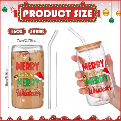 SiliFine 6 Pcs Christmas Glass Cups with Lid and Glass Straw 16 oz Holiday Iced Coffee Cup Xmas Can Shaped Beer Water Glasses Tumbler Christmas Appreciation Gifts for Xmas Party Favors - style: Santa