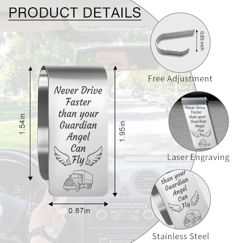 Never Drive Faster Than Your Guardian Angel Can Fly Engraved Stainless Steel Car Visor Clip, Inspirational Guardian Angel Safe Driving Reminder Clip Gifts for Family Friend, Drive Safe Gifts - color: silver027
