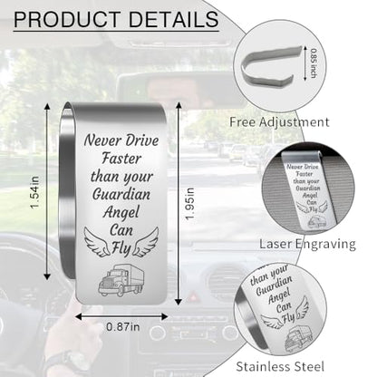 Never Drive Faster Than Your Guardian Angel Can Fly Engraved Stainless Steel Car Visor Clip, Inspirational Guardian Angel Safe Driving Reminder Clip Gifts for Family Friend, Drive Safe Gifts - color: silver027