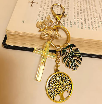 Cross Keychain for Women Jesus Christian Purse Bag Charms Key Charm Gifts for Women Purse Charms for Handbags - color: Glod Tone With Butterfly