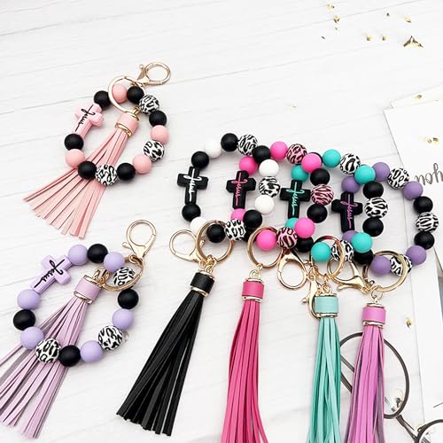 Silicone Beaded Jesus Cross Wristlet Keychain Leather Tassel,Key Ring Wrist Bangle,Key Chains Bracelet Women - color: Green Cross