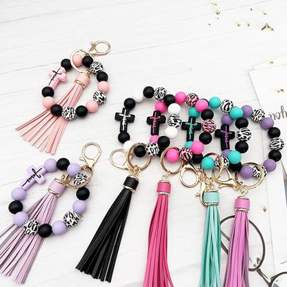 Silicone Beaded Jesus Cross Wristlet Keychain Leather Tassel,Key Ring Wrist Bangle,Key Chains Bracelet Women - color: Light Purple Cross