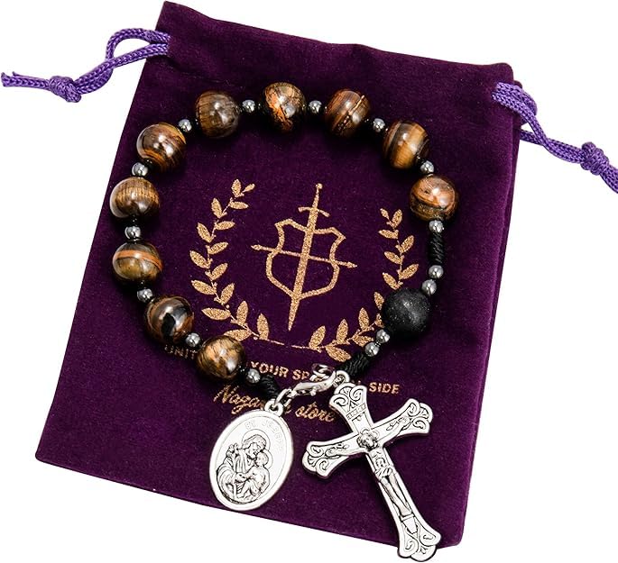 Nazareth Store Tiger Eye Beads One Decade Rosary Handmade Pocket Car Mirror with Saint Joseph Medal and Jesus Cross in Antique Silver Volcanic Stone Travel Friendly Rosary - color: Brown Tiger Eye