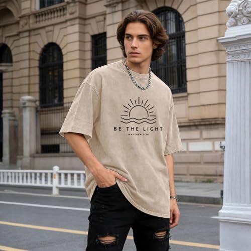 Christian Be The Light Shirts for Men Jesus God Faith Religious Bible Verse T Shirt Oversized Acid Wash Graphic Tees - color: Apricot, size: Large