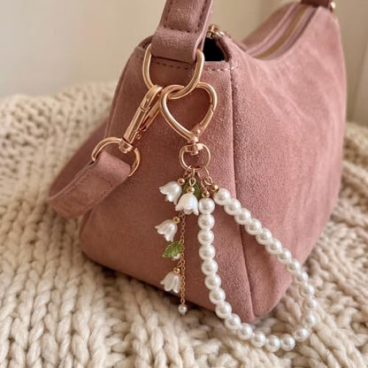 Cute Bag Charms Keychain - Pearl Keyring Wristlet Birthday Gifts - color: Green Lily of the Valley