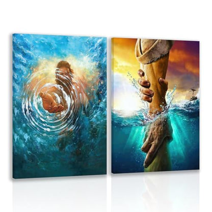 HLXRAE Christian The Hand of God Wall Art Set of 2, Wrapped Canvas 12x16 In - color: Ocean Blue, size: 16"L x 12"W