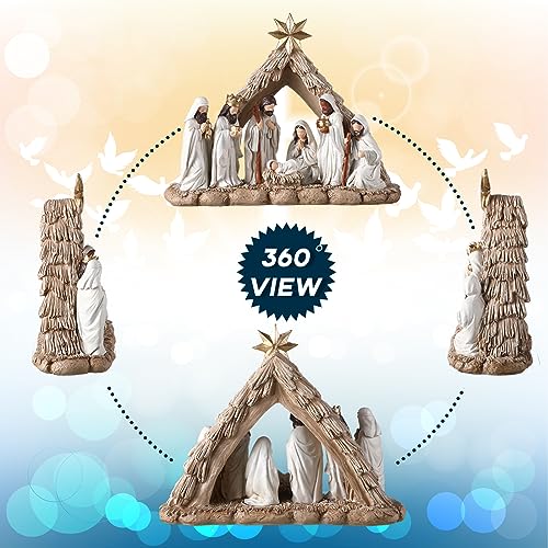 Nativity Scene with LED String Lights, Christmas Nativity Set Tabletop Decoration First Christmas Story Resin Figure Holy Family Manger Lighted Sculpted Hand Painted Figurine for Xmas Indoor Decor
