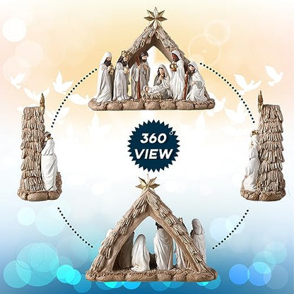 Nativity Scene with LED String Lights, Christmas Nativity Set Tabletop Decoration First Christmas Story Resin Figure Holy Family Manger Lighted Sculpted Hand Painted Figurine for Xmas Indoor Decor