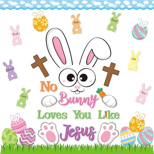 BeYumi 86Pcs Easter Bunny Christian Cross Bulletin Board Set No Bunny Loves You Like Jesus Eggs Cutouts Name Tags Trim Border Christian Religious Sunday School Classroom Chalkboard Church Decoration - style: Easter Bunny