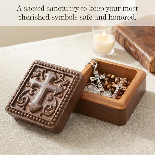 Hand-Carved Wooden Cross Rosary Box, Catholic Gift for Men Women - color: Cross