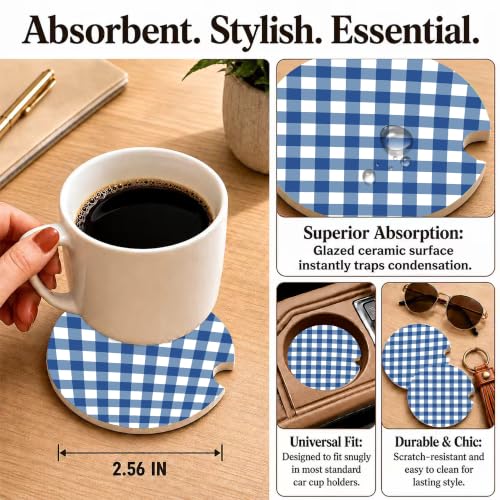 Blue Buffalo Plaid Car Coasters Set of 2, Coquette Preppy Cup Holders, 02 - color: Blue Buffalo Plaid