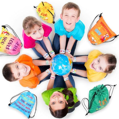 Frienda 20 Pcs Christian Party Favors Includes 10 Bible Verse Drawstring Backpack Bags and 10 Religious Slap Bracelets for VBS Birthday Gifts Church Sunday School Prizes Supplies(Stylish) - style: Stylish