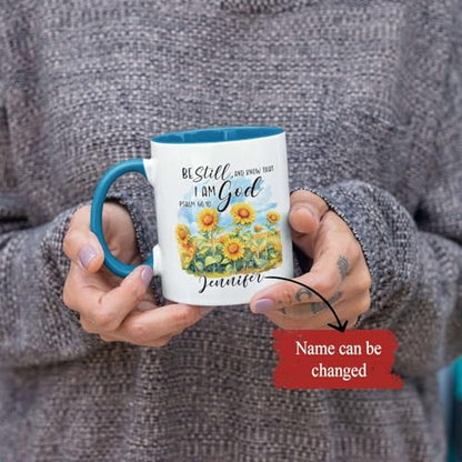 Custom Bible Verse Mug With Name, Religious Coffee Mug For Women, Personalized Christian Ceramic Cup, Accent Mug 11Oz Or 15Oz, Customized Sunflower Design Mug, Gift For Birthday - color: TRI-1223-1146-KNOW THAT I AM GOD MUG