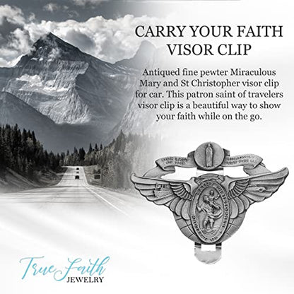 True Faith Jewelry Pewter Winged Miraculous Mary and St Christopher Visor Clip for Car, Patron Saint of Travelers, Gift for New Driver, Fine Pewter (92% Tin), 2 x 3 Inch - size: St. Christopher 3