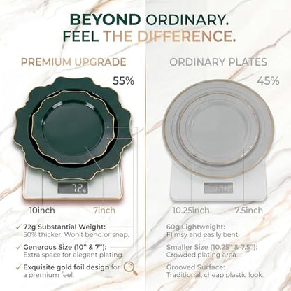 WDF 175Pcs Green Plastic Plates - Green Plates Disposable with Gold Rim - Christmas Plastic Plate - Fancy Disposable Dinnerware Sets 25 Guests Ideal for Party/Wedding/Birthday - color: Green and Gold, size: 175 pieces