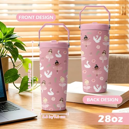 Hiboss Ballerina Gifts for Kids Girl, Pink Ballet Tumbler with Handle and Flip Straw 28oz, Insulated Stainless Steel Dance Travel Cup Mug, Dancer Birthday Gifts for Women Teens Girls - color: Ballet