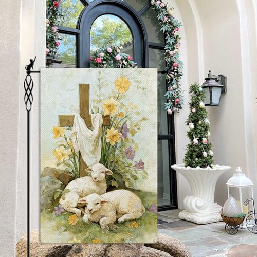 Easter Cross Garden Flag He is Risen Sheep Garden Flag Vertical Double Sided Rustic Farmland Burlap Yard Lawn Outdoor Decor 12.5x18" - color: Easter Cross #WQ443