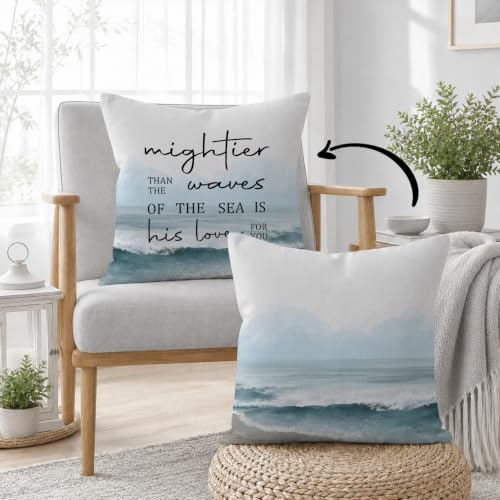 HIWX Christian Coastal Beach Pillow Covers 18x181 Pack, Christian Gifts for Women, Mightier Than the Waves of the Sea Bible Verse Decorative Pillow Covers for Couch Bed Home Bedroom Decor - color: Mightier, size: 18" x 18" (Pack of 1)