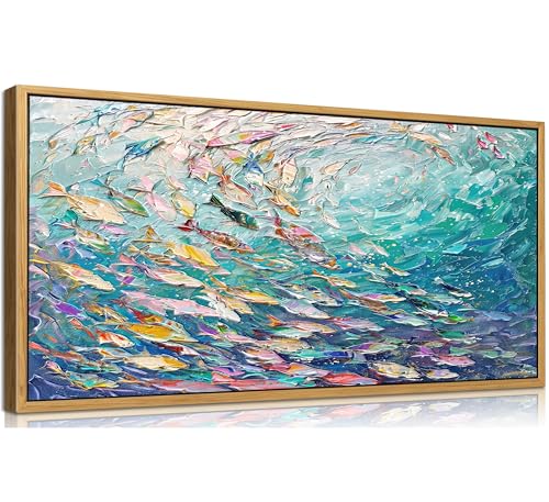 KIRFOLUC Abstract Ocean Wall Art, Large Framed Textured Print Painting - color: Fish, size: 48"L x 24"W