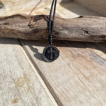 Cross Necklace Mens - Men Cross Coin, Religious Pendant, Medallion Necklaces, Christmas Gift, Catholic Pendant, Christian Charms, Women Gifts to Husband, Cute Crosses - color: Gunmetal, style: Black Leather