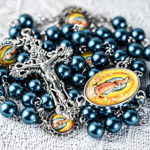 8mm Glass Pearl Catholic Rosary Necklace - Our Lady of Guadalupe Rosary Beads with Prayer Box, First Communion & Baptism Gift for Women and Men (La Rosa de Guadalupe) - color: Green