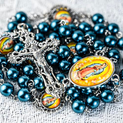 8mm Glass Pearl Catholic Rosary Necklace - Our Lady of Guadalupe Rosary Beads with Prayer Box, First Communion & Baptism Gift for Women and Men (La Rosa de Guadalupe) - color: Green