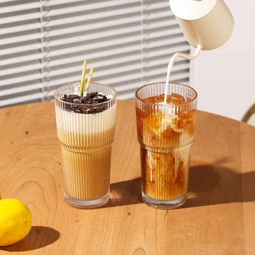 Ribbed Glass Tumbler Drinking Glasses with Lids & Straws, Leak-Proof 20oz and 15oz Glass Cups, 2PCS Glass Tumblers, Ideal for Home, Office, Outdoor Use - style: 2PCS-Clear
