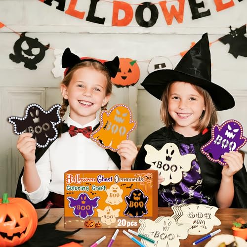 BeYumi Halloween Wooden Boo Craft - 20Pcs DIY Coloring Ornaments Craft Kids - style: Boo