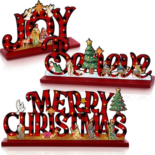 Cinnvoice 3 Pcs Christmas Table Decor Wooden Nativity Scene Sign, Checkered - color: Checkered