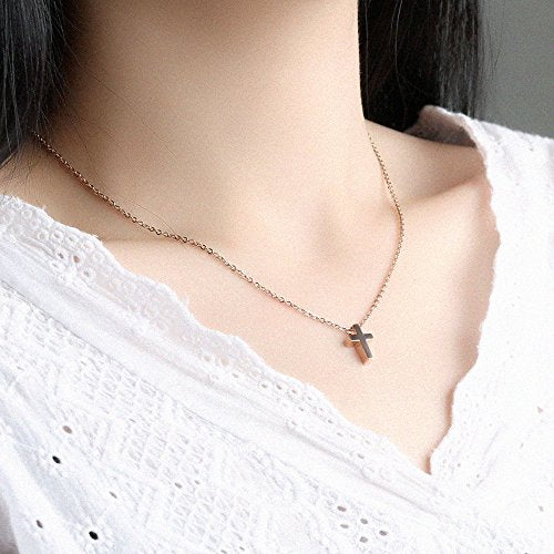 TEMICO Tiny Simple Cross Pendant Necklace for Children Boys Girls Teenage - color: Rose Gold