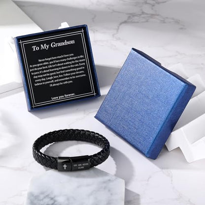 Black Braided Leather Bracelet for Men, Bible Verse Inspirational Christian Religious Bracelet for Man Dad Husband Boyfriend Grandson Son Birthday Baptism Easter Gifts - color: To My Grandson