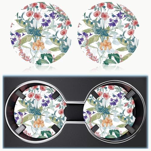 Ceramic Car Cup Holder Coasters Set of 2, 2.56 in Trumpet Flower - color: Colorful Trumpet Flowers