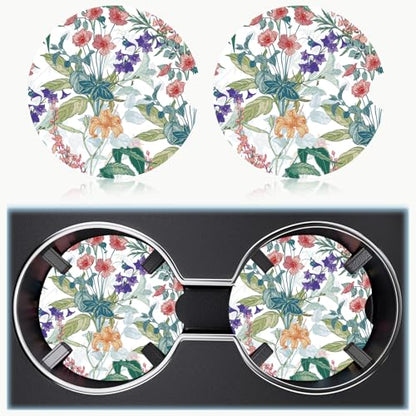 Ceramic Car Cup Holder Coasters Set of 2, 2.56 in Trumpet Flower - color: Colorful Trumpet Flowers