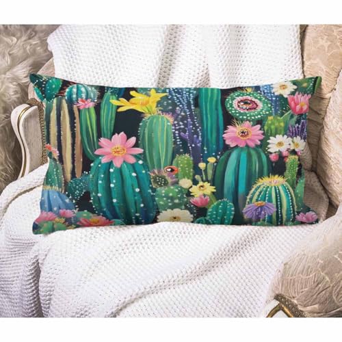 EKOBLA Cactus Farmhouse Throw Pillow Covers Green Plants Succulent Flowers Watercolor Spring Linen Lumbar Decorative Throw Cushion Cover Pillowcases for Bed Sofa Oblong Rectangle 12x20 Inches - color: Multi-bs01