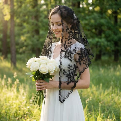 Lystaii Triangle Lace Mantilla Veil Catholic Chapel Head Covering Scarf - color: Black