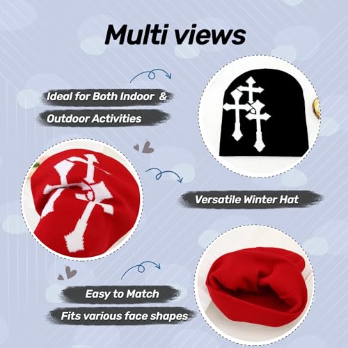 Fashion Knit Beanie with Cross Pattern Y2K Unisex Soft Jacquard Cap Popular Hip-Hop Cool Street Outdoor Sports Earflap Hat - color: Black
