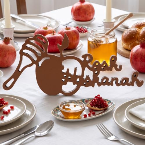 Rosh Hashanah Tabletop Decor Jewish Wooden Table Sign Jewish New Year Centerpiece with Farmhouse 3D Brown Apple Honey Dipper Shape for Home Office Shelf Mantel Tiered Tray Decor Gifts - style: Rosh Hashanah